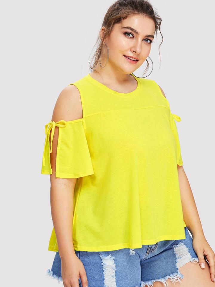 Romwe Open Shoulder Knot Sleeve Tee