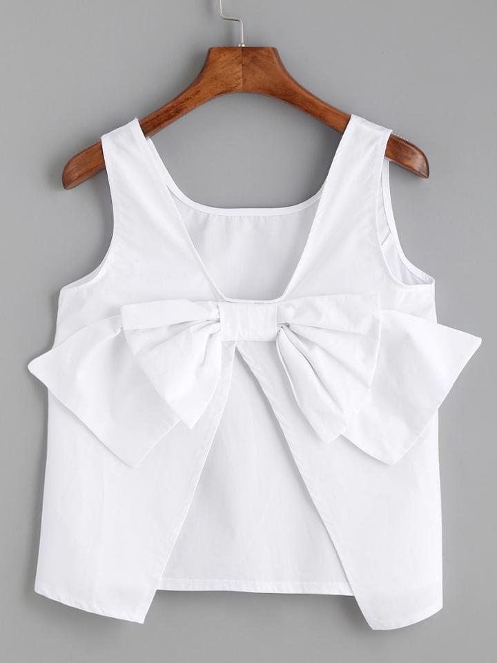 Romwe White Bow Embellished Open Back Tank Top