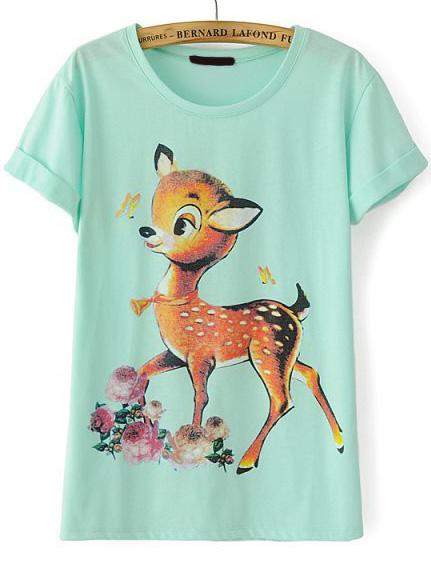 Romwe Deer Print Loose Green T-shirt
