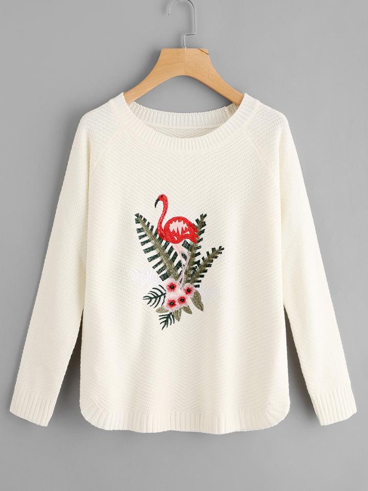 Romwe Raglan Sleeve Flamingo Embroidered Jumper