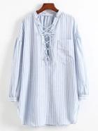 Romwe Lace Up V Neck Vertical Striped Shirt Dress