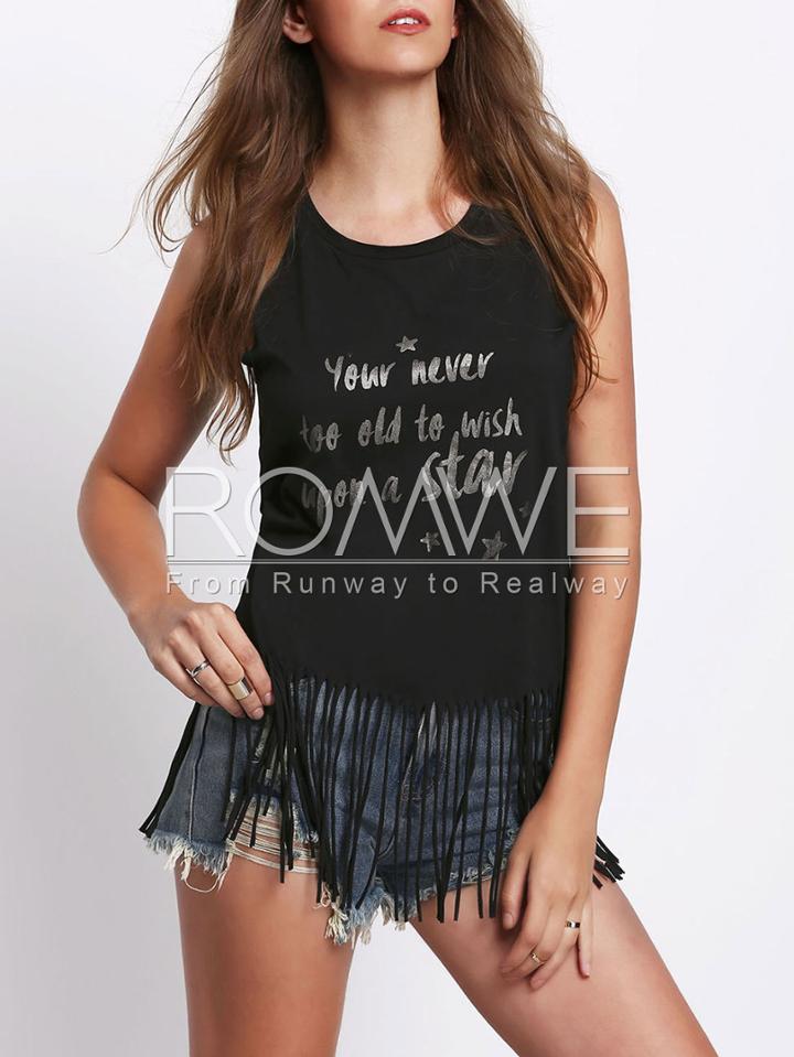 Romwe Black Round Neck Letter Print Tassel Tank Top