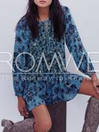 Romwe Blue Long Sleeve Vintage Print Dress