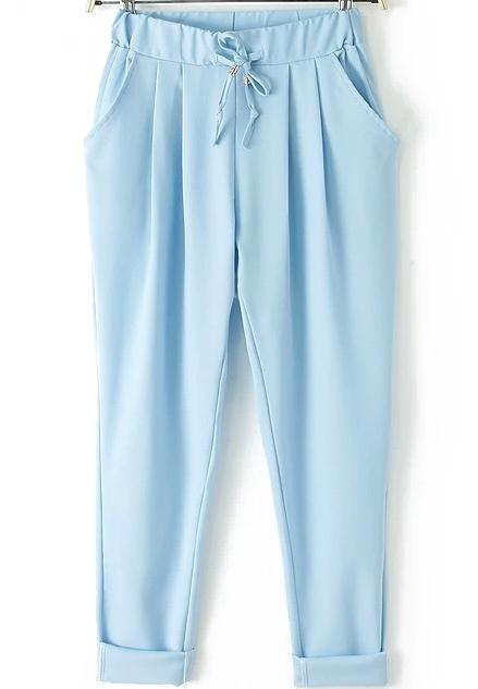 Romwe Drawstring With Pockets Harem Pale Blue Pant