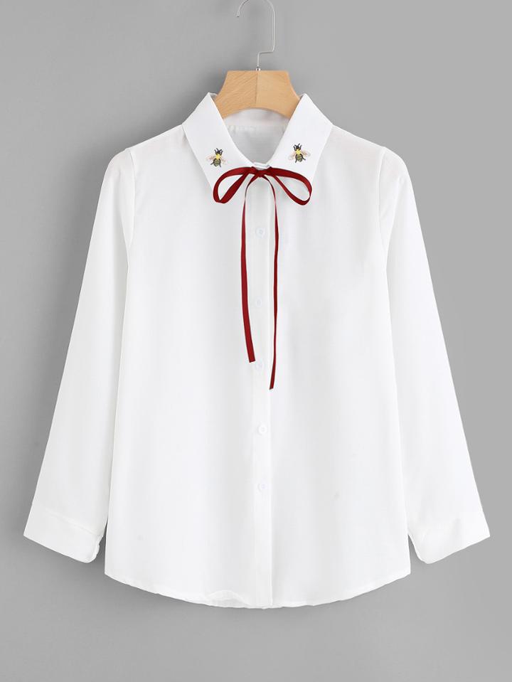 Romwe Bee Embroidered Tie Neck Shirt