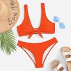 Romwe Plain Knot Front Bikini Set