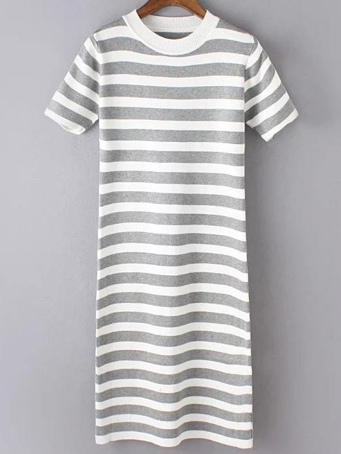 Romwe Short Sleeve Striped Grey Dress