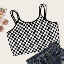 Romwe Plus Checked Crop Top With Double Strappy