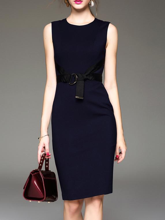 Romwe Navy Zipper Tie-waist Sheath Dress