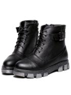 Romwe Black Round Toe Vintage Buckle Strap Lace Up Boots
