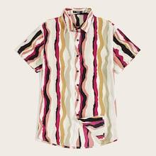 Romwe Guys Button Up Brush Stripe Shirt
