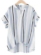 Romwe Blue Vertical Striped High Low Blouse