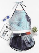 Romwe Halter Neck Water Color Crop Top With Ginger Shorts