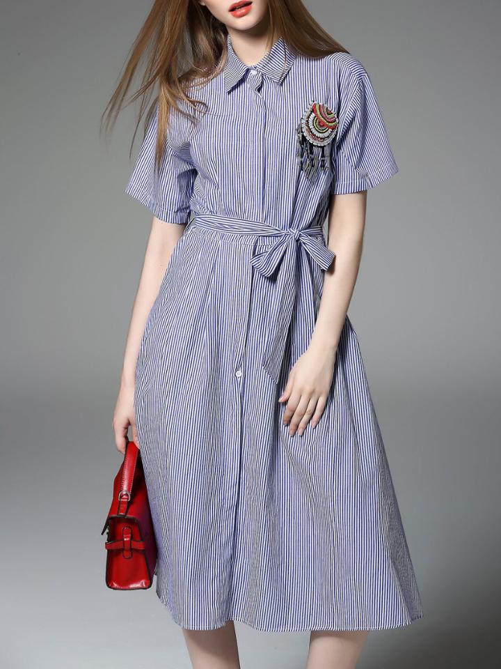 Romwe Blue Lapel Beading Tie-waist Striped Dress