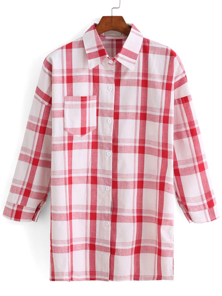 Romwe Lapel With Pocket Plaid Red Blouse