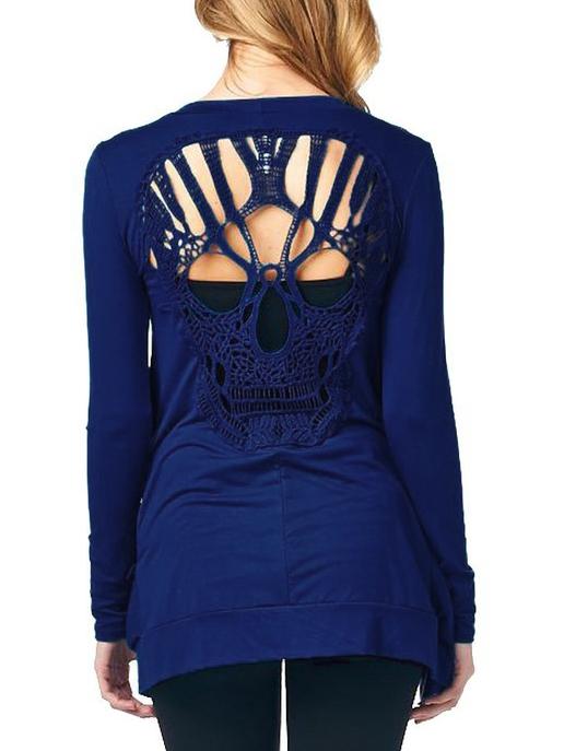Romwe Skull Crochet Hollow Out Blue Coat With Pockets