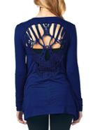 Romwe Skull Crochet Hollow Out Blue Coat With Pockets