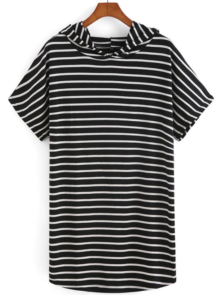Romwe Hooded Striped Loose Black T-shirt