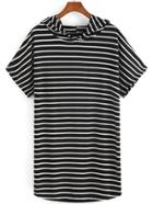 Romwe Hooded Striped Loose Black T-shirt