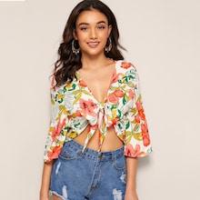 Romwe Tropical Print Knotted Front Crop Top
