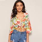 Romwe Tropical Print Knotted Front Crop Top