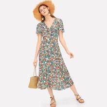 Romwe Ruffle Trim Tulip Sleeve Tropical Dress