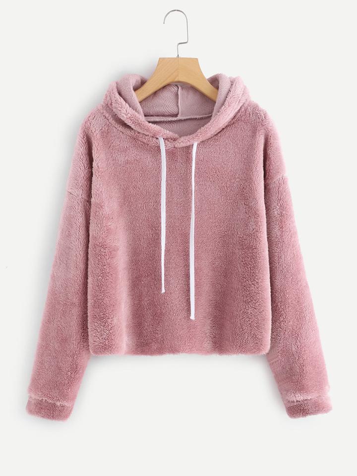 Romwe Drop Shoulder Faux Fur Hoodie