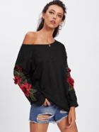 Romwe One Shoulder Rose Embroidered Applique Ripped Sweatshirt