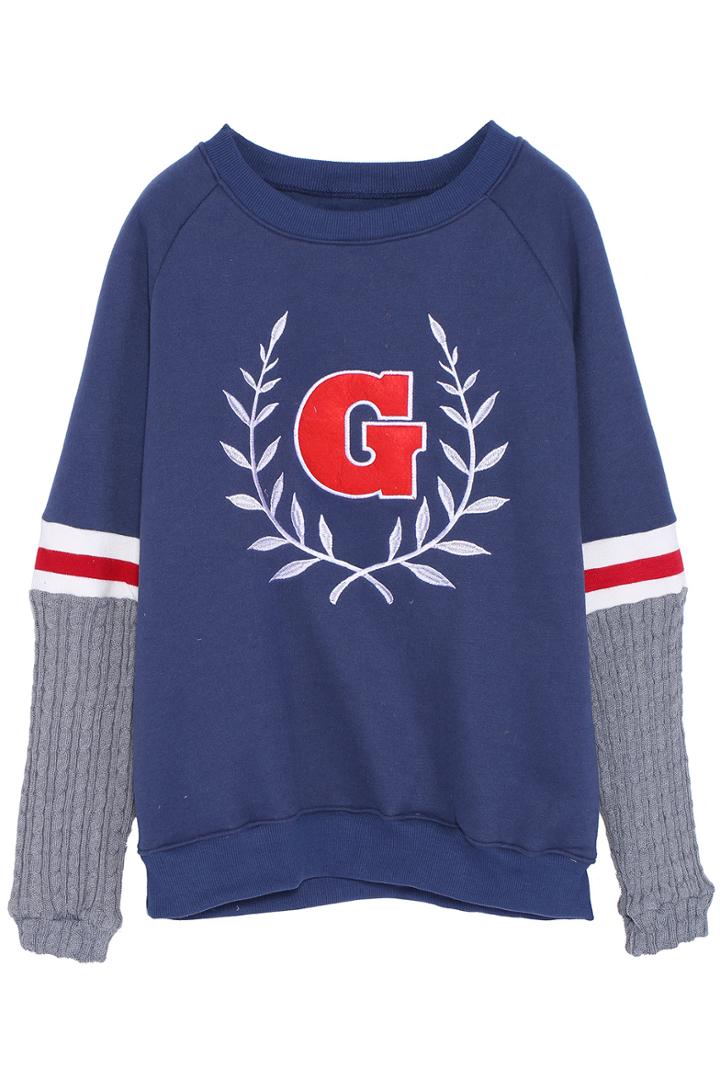 Romwe Contrast Cable Sleeve G Blue Sweatshirt