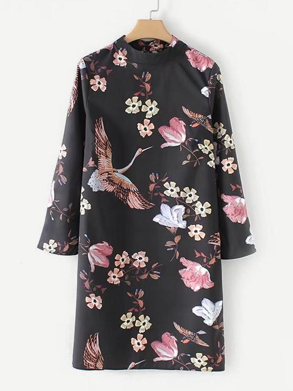 Romwe Tied Back Crane Print Dress