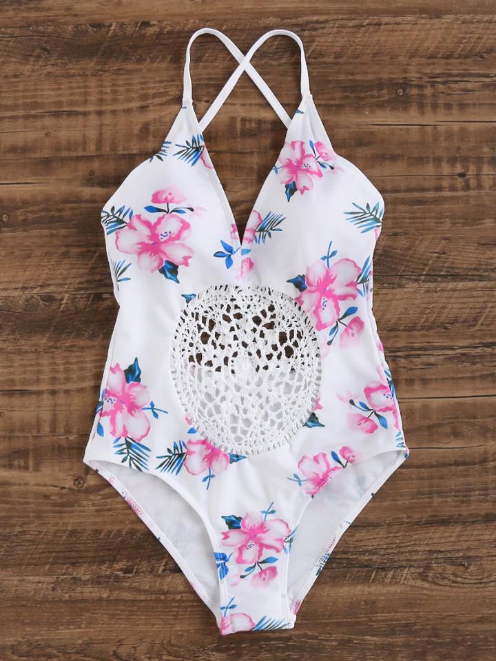 Romwe Calico Print Crochet Flower Insert Cross Back Swimsuit