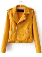 Romwe Yellow Faux Leather Belted Moto Jacket With Zipper