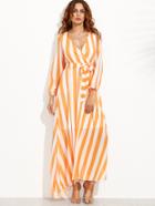 Romwe Vertical Striped Deep V Neck Self Tie Dress