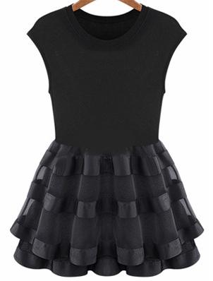 Romwe Round Neck Frill Flare Black Dress