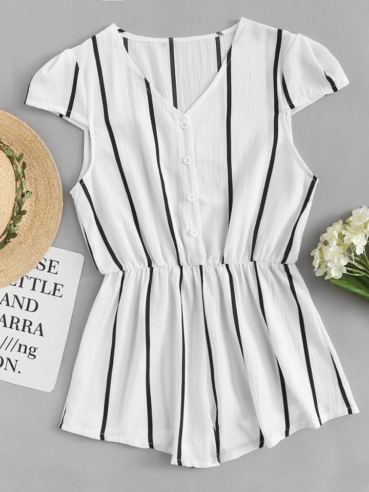 Romwe Striped Elastic Waist Button Front Romper