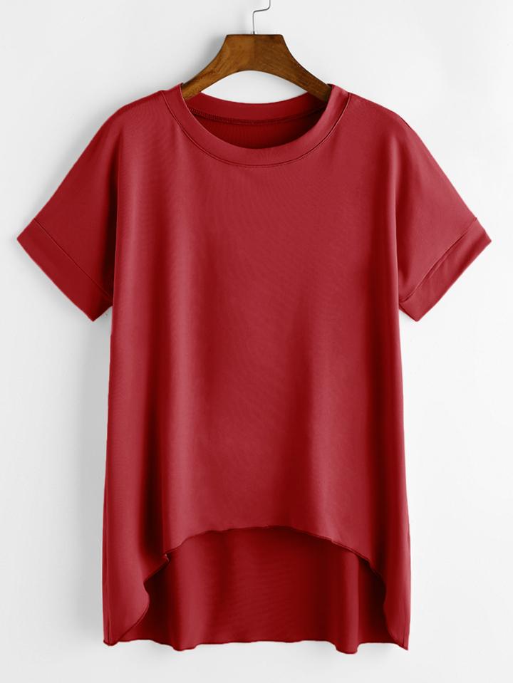 Romwe Burgundy Short Sleeve Dip Hem T-shirt