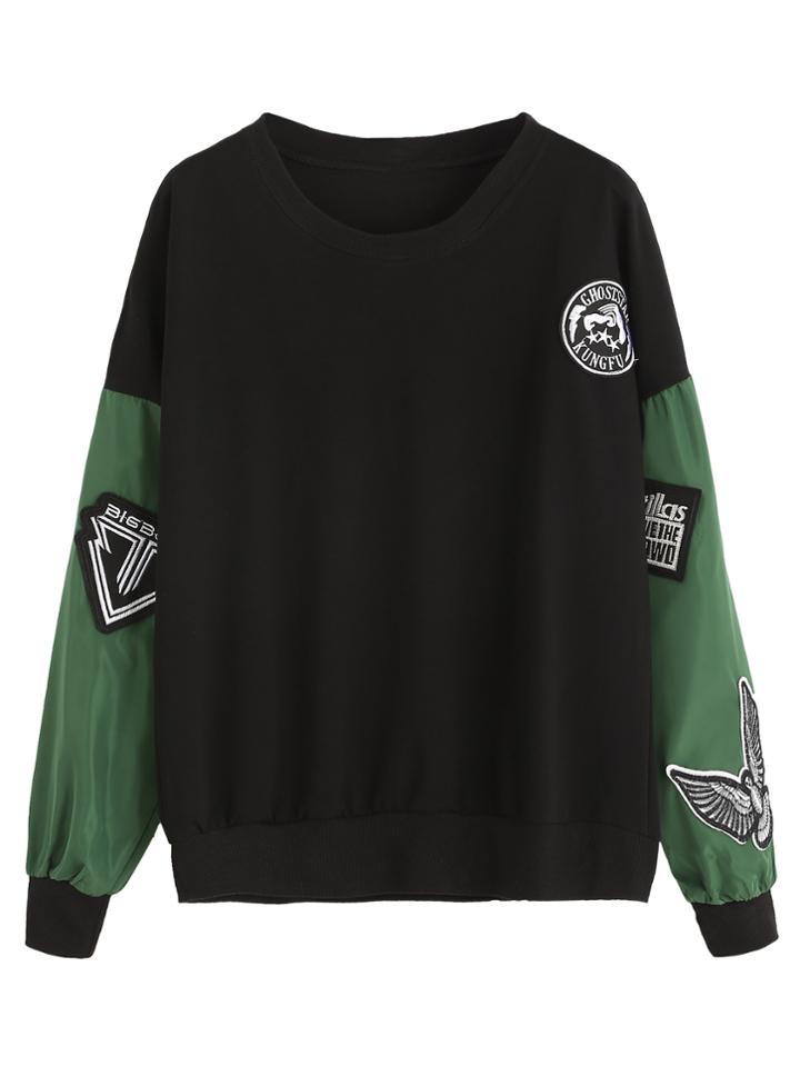 Romwe Black Contrast Sleeve Sweatshirt With Patches