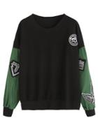 Romwe Black Contrast Sleeve Sweatshirt With Patches
