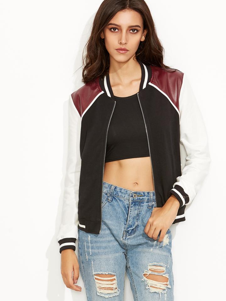 Romwe Color Block Faux Leather Patch Zip Up Varsity Jacket