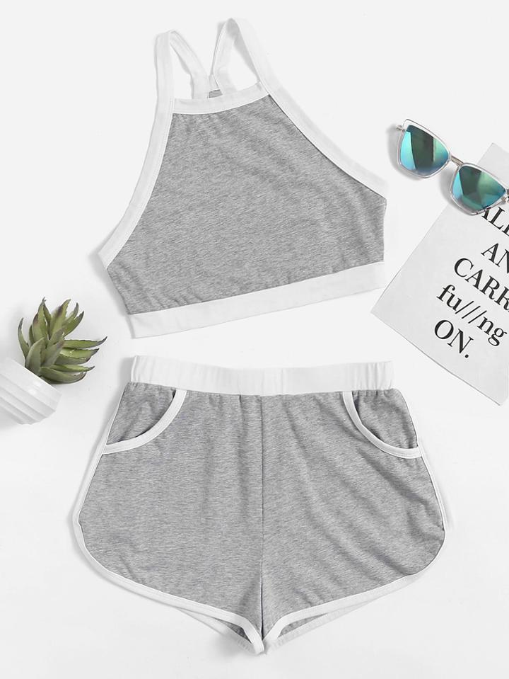 Romwe Contras Binding Heatherd Cami And Dolphin Shorts Activewear Set