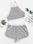 Romwe Contras Binding Heatherd Cami And Dolphin Shorts Activewear Set