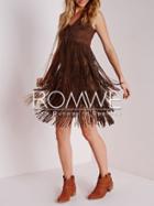 Romwe Brown Sleeveless V Neck Tassel Dress