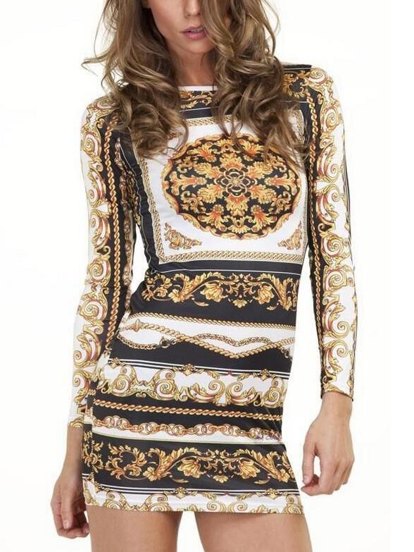 Romwe Long Sleeve Vintage Print Tight Dress