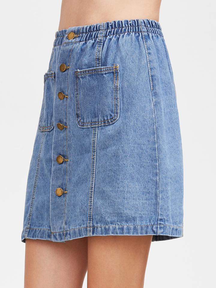Romwe Blue Single Breasted Dual Pockets Denim Skirt