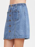 Romwe Blue Single Breasted Dual Pockets Denim Skirt