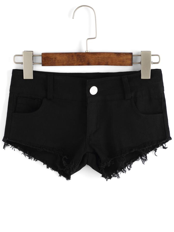 Romwe Fringe Denim Crop Black Shorts