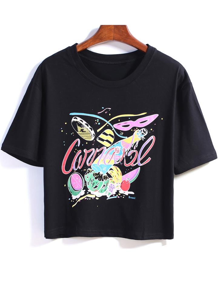 Romwe Fruit Letters Print Round Neck T-shirt