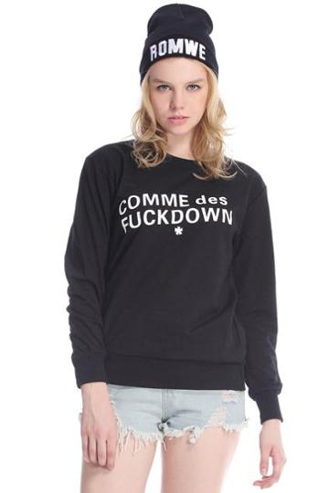 Romwe Comme Des Fuckdown Print Black Loose Sweatshirt