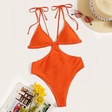 Romwe Cutout Waist Self Tie Shoulder Monokini