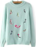 Romwe High-heeled Shoes Embroidered Green Sweater